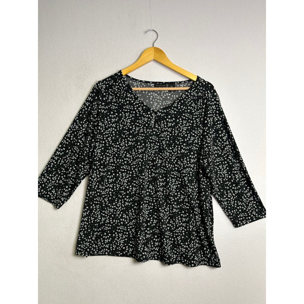 Professional Tahari Womens 1X Black White Floral 3/4 Sleeve V-Neck Blouse